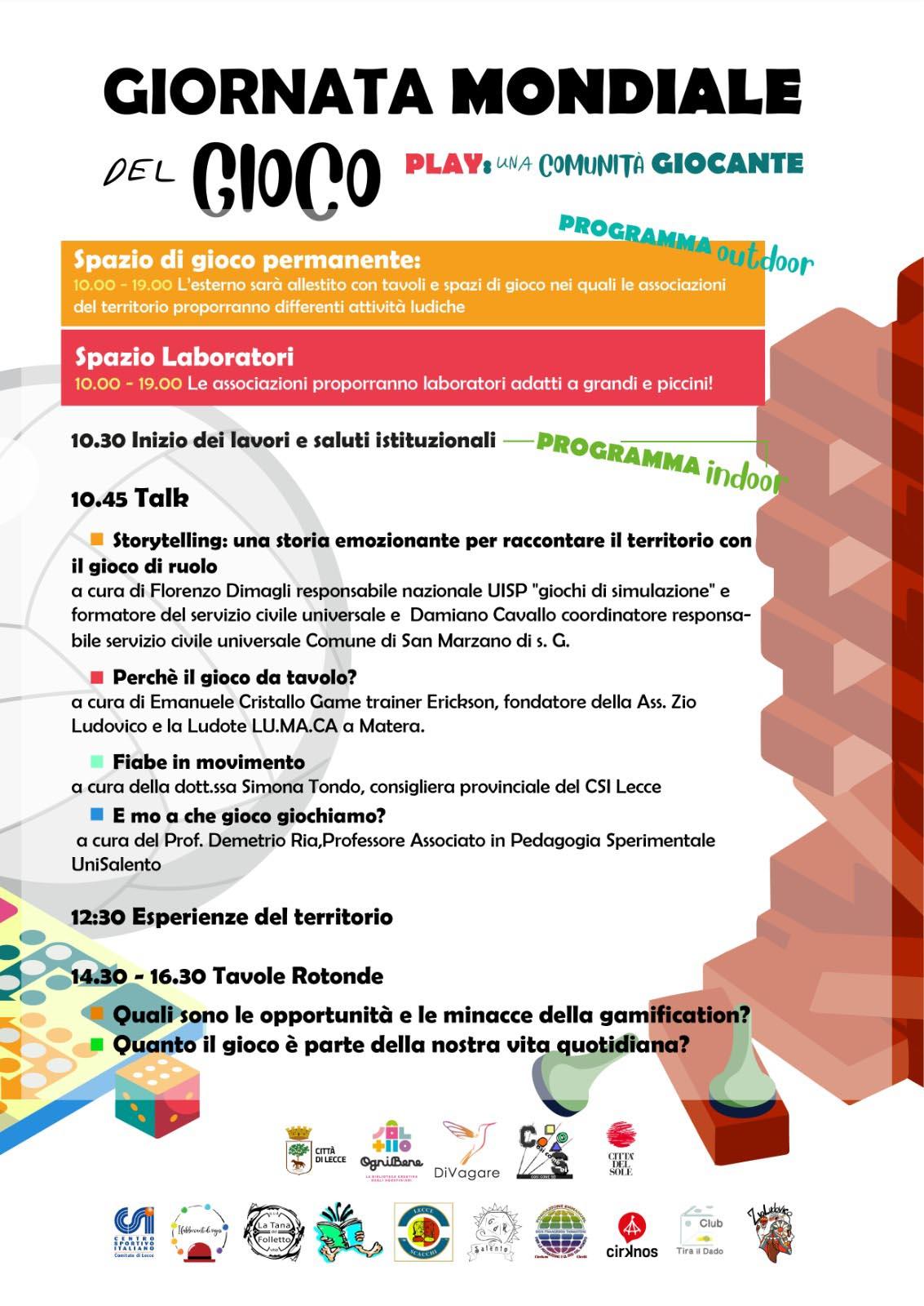 L'immagine mostra una parte della locandina col programma della Giornata Mondiale del Gioco a Lecce.