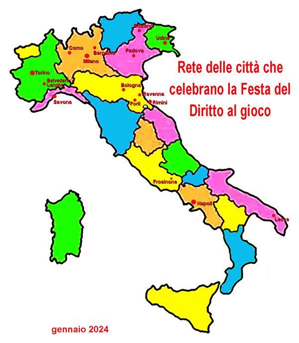 Mappa dell'Italia dove sono segnate le città che aderiscono al progetto della Festa del diritto al gioco.