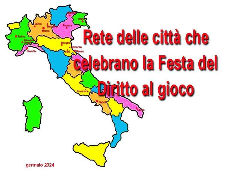 Mappa dell'Italia che mostra tutte le città dove si svolge la Festa del Diritto al Gioco.
